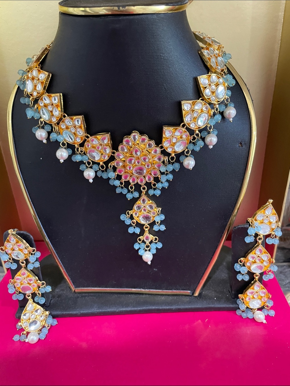 Traditional Gold-Tone Kundan Necklace Set with Pink and Blue Accents